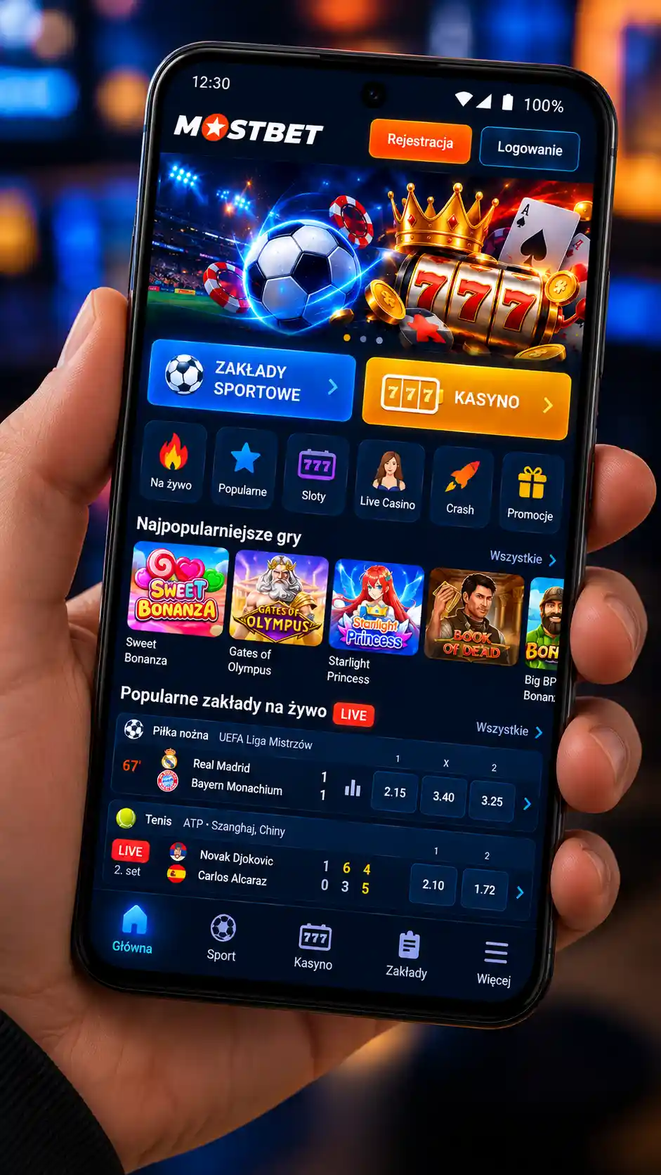 Mostbet aplikacja Android – główne lobby z sekcjami kasyno i zakłady