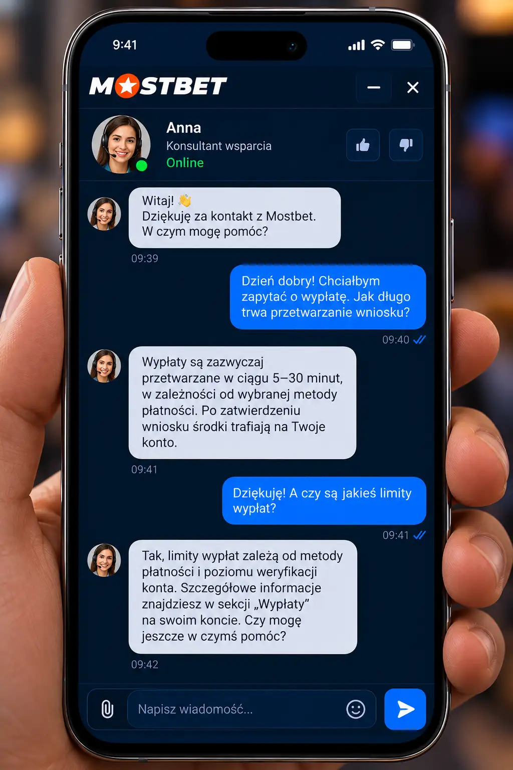 Okno live chat Mostbet z aktywnym dialogiem z konsultantem