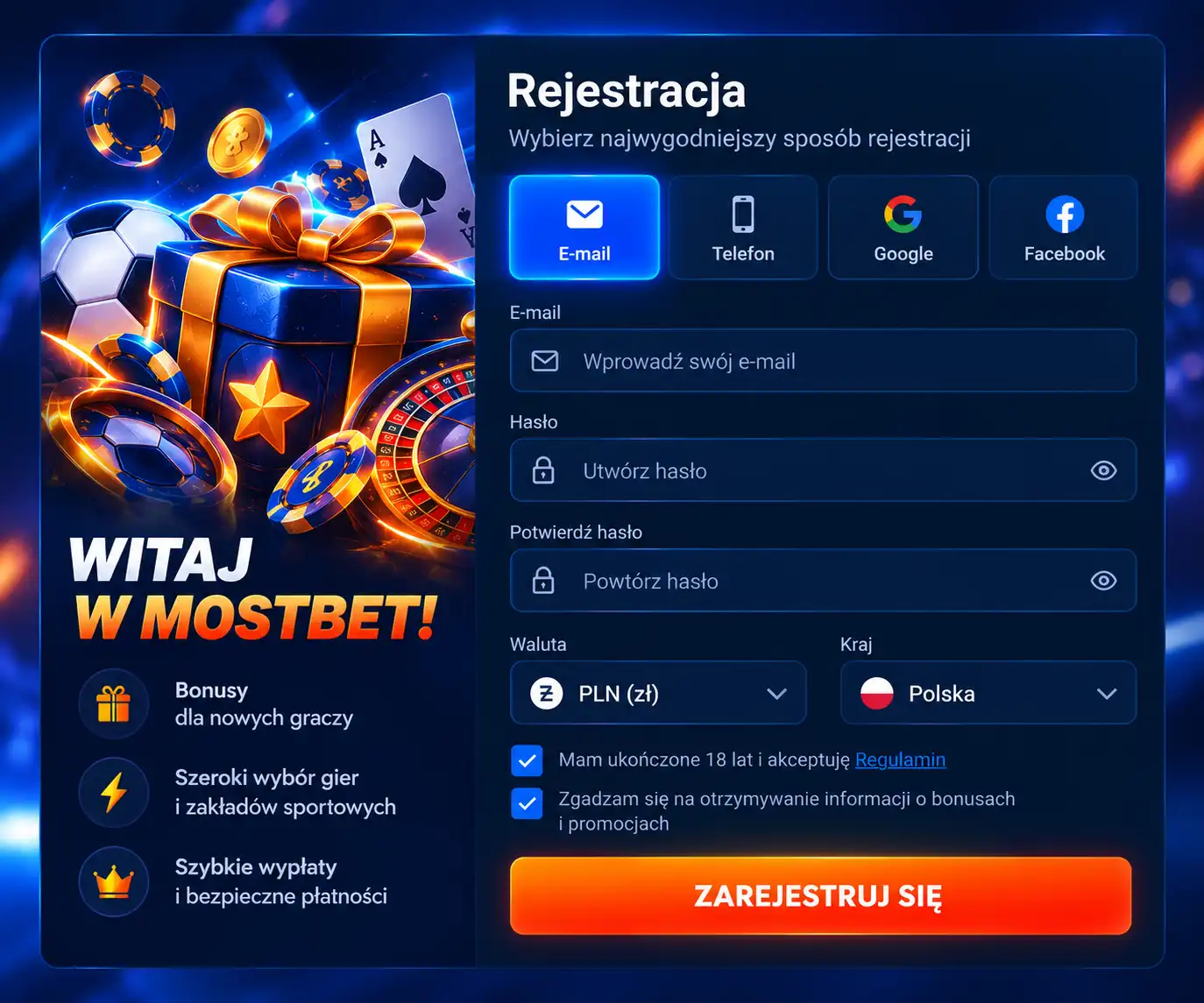 Formularz rejestracji Mostbet – wybór metody i pola e-mail