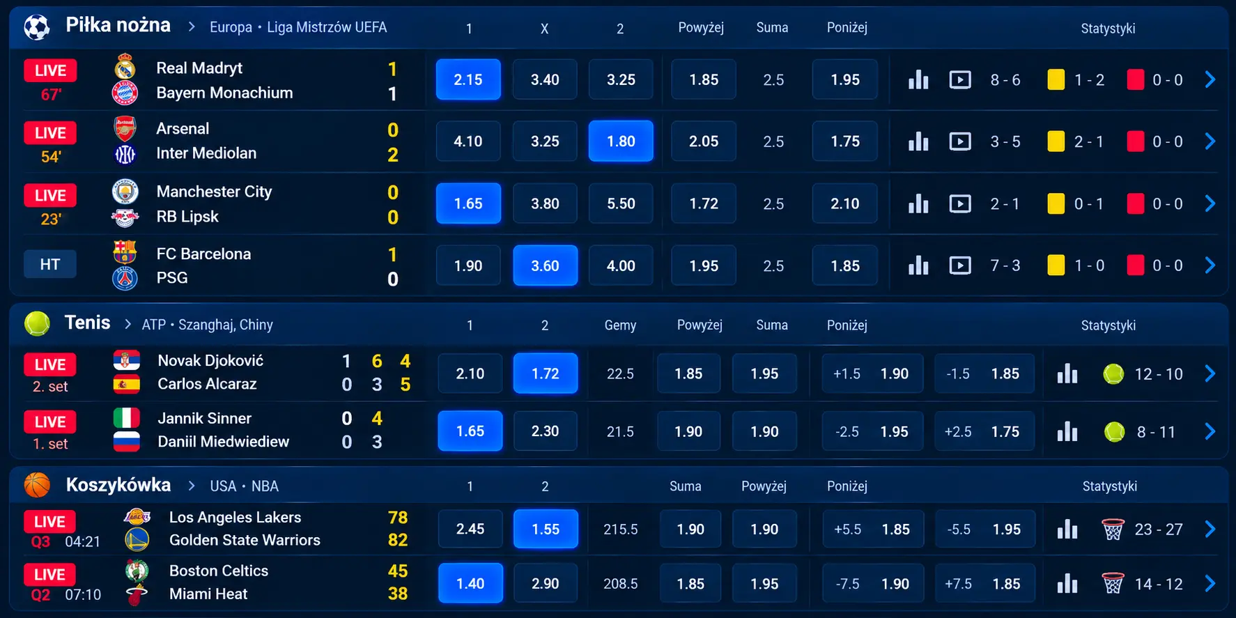 Mostbet – panel zakładów na żywo z listą wydarzeń i statystykami